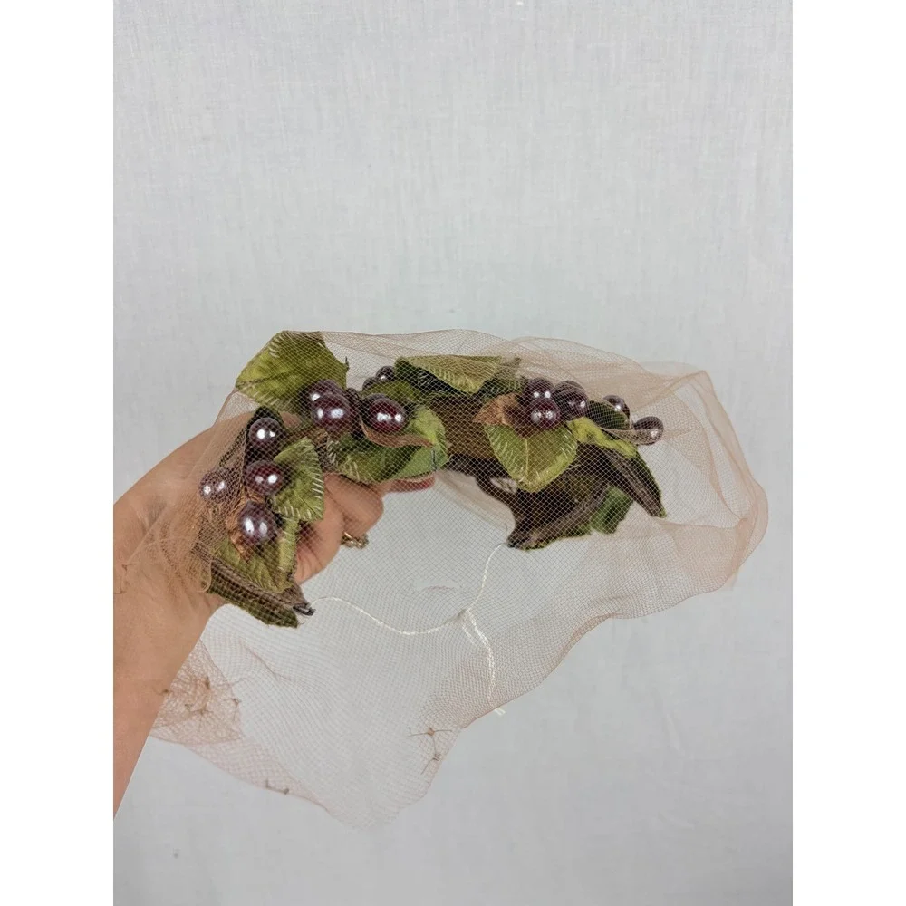 Vintage Karen Lynn Exclusive Green Leaf Berry Birdcage Veil Fascinator Hat